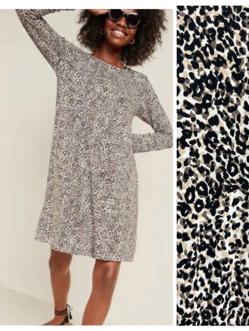 Old Navy XXL Beige Black Leopard Print Long Sleeve Relaxed Swing Dress